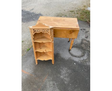 Waxed pine Pembroke table on turned supports, W90cm D98cm H78cm and a small pine corner display shelf (2)