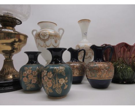 Bretby jardiniere, H19cm; oil lamp with shade, H55cm; pair of Lambeth Slater jugs; pair of Langley Mill stoneware vases; and 