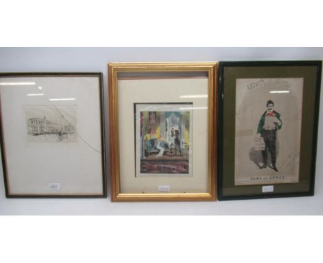 Les Dennis Collection - Monochrome etching of Venice, probably William Walcot, framed musical score cover, Punch cartoon, sil