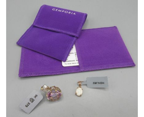 Gemporia- 1.28ct coober pedy opal 9k rose gold pendant and maelstrom cut bahia amethyst &amp; diamond 9k gold pendent