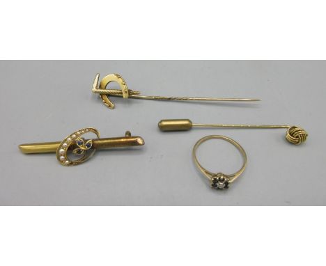 Victorian 15ct yellow gold bar brooch set with seed pearls and sapphires, stamped 625, 2.0g, a 9ct yellow gold sapphire and d