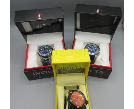 Invicta Reserve stainless steel quartz chronograph wristwatch with date, signed textured blue dial, three subsidiary dials, c
