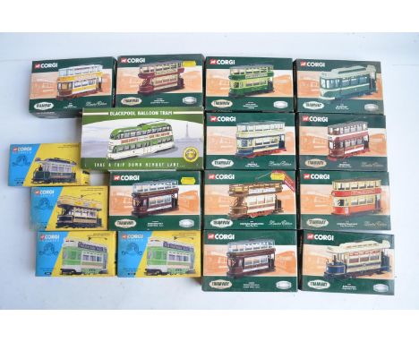 Fifteen boxed Corgi diecast tram models, all appear in at least near mint condition with one exception (old style end opening