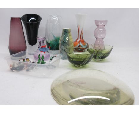 Les Dennis Collection - Collection of art glass incl pair of green glass bowls, six vases, ceramic vase and ten crystal minia