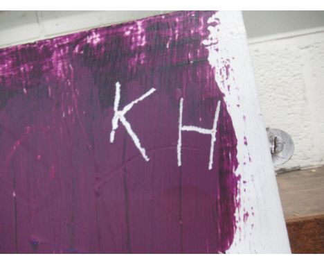 Painted broken guitar montage on board, signed 'KH', 60cm x 107cm