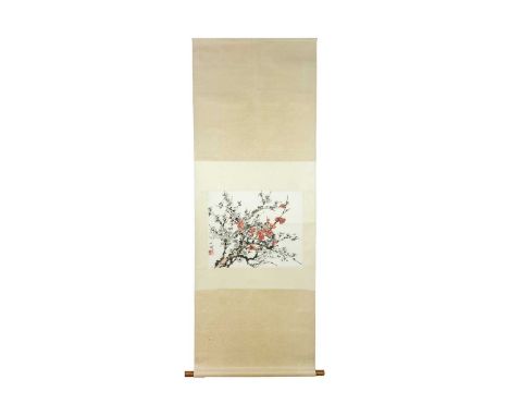 A Chinese scroll depicting a plum blossom tree, 20th century. Watercolour and ink, red seal mark and calligraphy, full length
