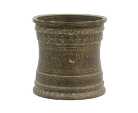 A Chinese bronze and silver overlaid brush pot, Qing Dynasty, 18th century. Decorated with mandarin ducks and foliage, height
