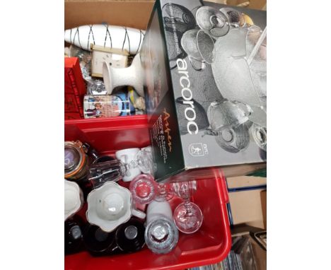 2 BOXES OF MISCELLANEOUS CHINA AND GLASS INCLUDES BOXED GLASS PUNCH SET AND BRASS EFFECT CARRIAGE CLOCK