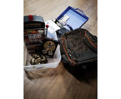 BOX LOT INCLUDING SLIM GYM SMALL WHEELED BAG BAROMETER ETC