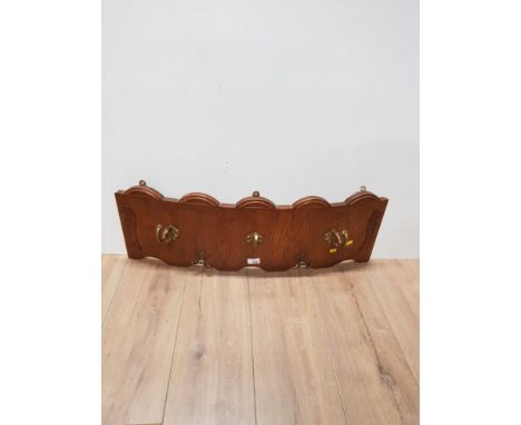 ARTS AND CRAFTS STYLE WALL HANGING COAT RACK WITH BRASS COAT HOOKS