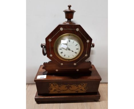 GREENWOOD AND SONS MAHOGANY MANTLE CLOCK WITH MOTHER OF PEARL INLAY AND BRASS DIAL