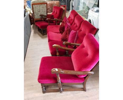 3 PIECE ERCOL CATHEDRAL LOUNGE SUITE WITH UPHOLSTERED RED CUSHIONS