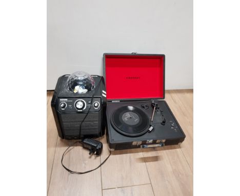 ION PARTY ROCKER EXPRESS SPEAKER AND CROSLEY PORTABLE TURNTABLE IN CASE