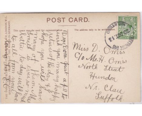 Essex 1913 -1/2d R.C. On postcard, 'Baythorpe End' Halstead, Rubber C.D.S