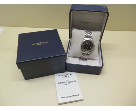 A Ulysse Nardin Sau Marco GMT +- stainless steel automatic bracelet gents wristwatch no 203-22 no 899, with date, 24 hour mar