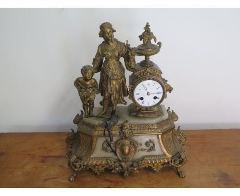 A gilt spelter figural French striking mantle clock, 43cm tall, some losses and cracks to dial, case has been repainted, need