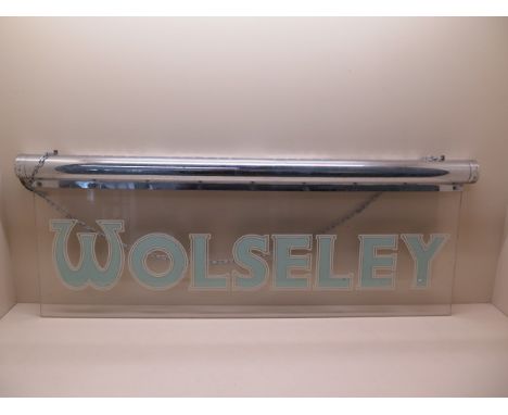A vintage WOLSELEY perspex hanging illuminated car showroom light, 96cm x 35cm, some pitting to chrome, touching in to paint,