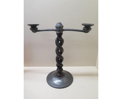 A pewter and oak barley twist candle stick, the base stamped Tudric 01301, 34cm tall
