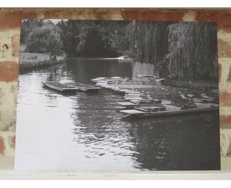 A new black and white print on canvas, punts on the Cam, Cambridge, 46cm x 61cm, produced and photographed by a Cambridge pho