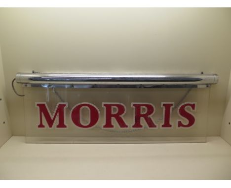 A vintage MORRIS perspex hanging illuminated car showroom light, 96cm x 35cm, some pitting to chrome and some touching in to 