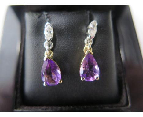 A pair of 18ct yellow and white gold amethyst and marquise cut diamond drop earrings, 2cm drop, in good condition 