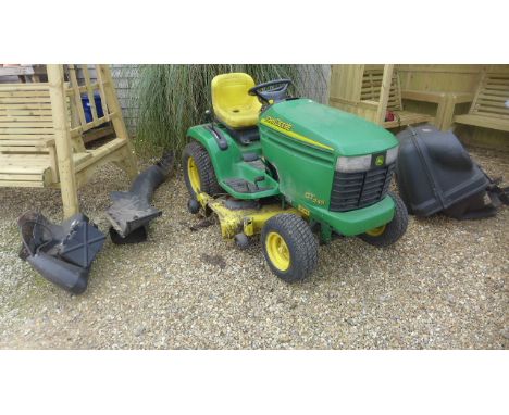 A John Deere GT 245 Ride on Petrol lawnmower 20HP V Twin engine with a grass collector, will need a full service and some bel