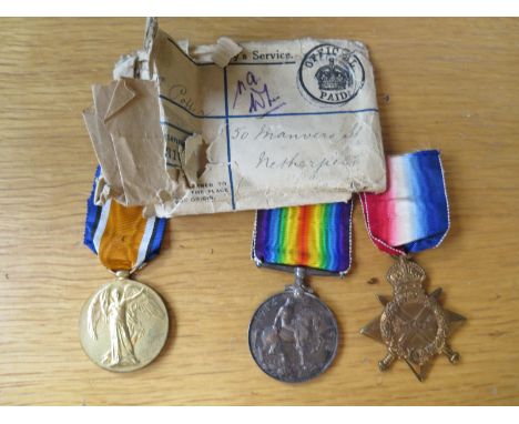 A trio of WWI medals for 23886 Pte R J Potter of Nottinghamshire and Derbyshire Regiment, 1914-1915 Star War medal and Victor