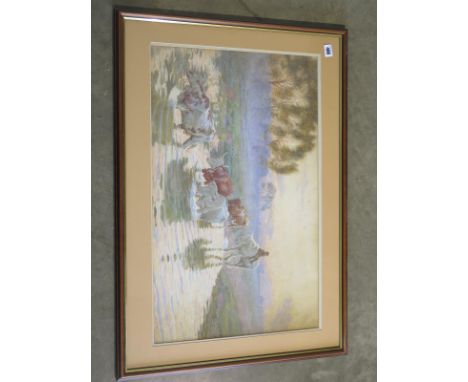 R H Brock - A watercolour of a farm boy on horse driving cattle through a stream, dated 1907 - in a modern frame size 60cm x 