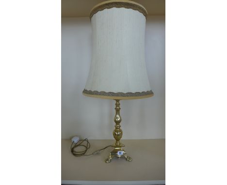 A brass tri-form table lamp with shade, 82cm tall 