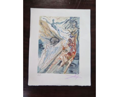 Salvador Dali woodblock print, signed from the Divine Comedy - 33cm x 26cm - no certificate, some creasing 