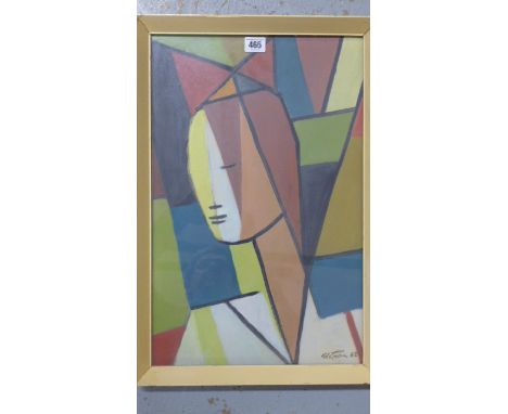 A cubist style portrait of a human head, gouache on paper, indistinctly signed, approx 54cm x 36cm overall frame size - colou