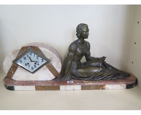 An Art Deco marble figural mantle clock 73cm long, in running order, some chips to marble 