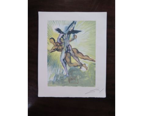 Salvador Dali woodblock print, signed from the Divine Comedy, 33cm x 26cm - no certificate - some creasing but no tears 