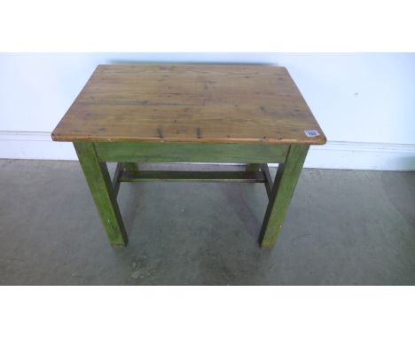 A vintage occasional table with polished pine top and old original green painted base - Ideal height for a coffee table - 50c