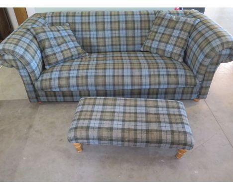 A bespoke made three seater sofa in a tartan material - 70cm H x 215cm W x 105cm with footstool and two scatter cushions - co