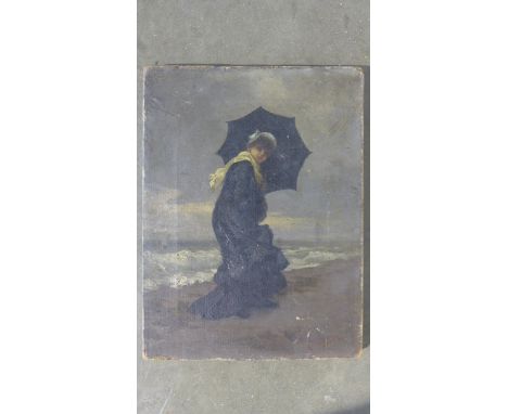A 19th Century style oil on canvas, a lady clutching an umbrella near the seashore, signed - possible C Bolton, approx 30.5cm
