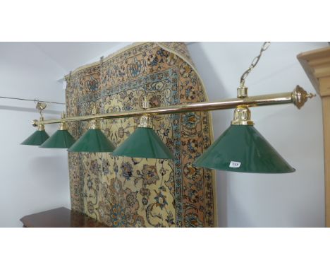 A modern enamel and brass billiard table lamp with five shades - 265cm long 