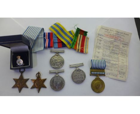 A group of four WWII medals, all un-named, a Korea medal to T/22622033 Dvr R Thornhill RASG and a UN medal with Korea bar and
