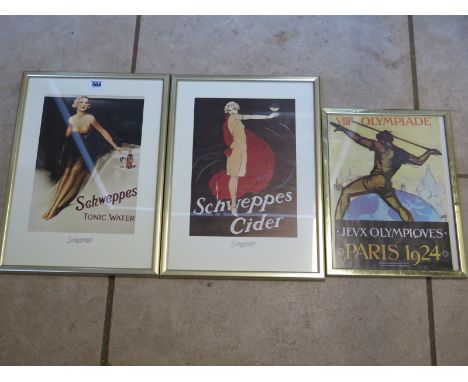 Two reproduction colour prints of vintage Schweppes adverts - 44cm x 32cm frame size, together with a reproduction print of t