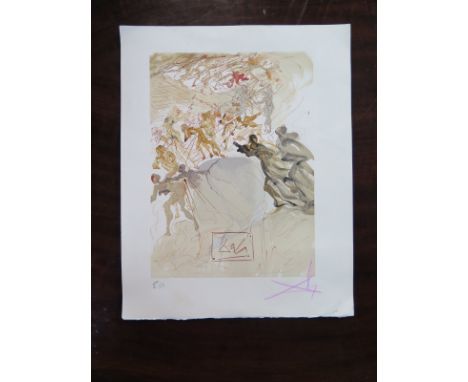 Salvador Dali woodblock print, signed from the Divine Comedy - 33cm x 26cm - no certificate, some creasing 