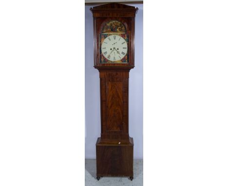 A Scottish mahogany longcase clock, the hood with architectural pediment, moulded square column, 14" arched painted dial, wit