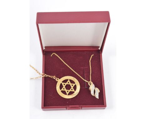 9ct pendant and 9ct gold and diamond point pendant on tracelink chain, (2).