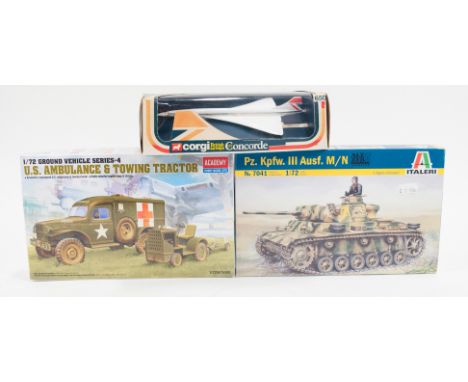 Collection of diecast model toys and model kits; Italeri Pz Kpfw. III Ausf M/N 1:72 scale, Academy US Ambulance & Towing Trac