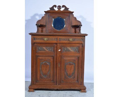 Mahogany small chiffonier, raised back with shield shape mirror above two drawers and a cupboard, ogee bracket feet, W81cm x 
