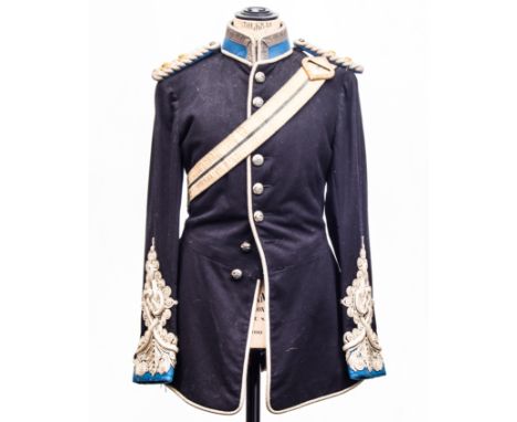 A Northamptonshire Imperial Yeomanry blue Dragoons uniform jacket, with shoulder belt and pouch (adapted?) with Regimental ba