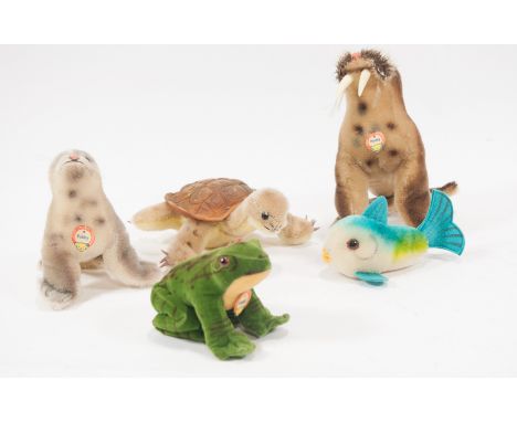 Steiff small plush animals, c1960s, to include tortoise, fish, frog and two sealions, (5).