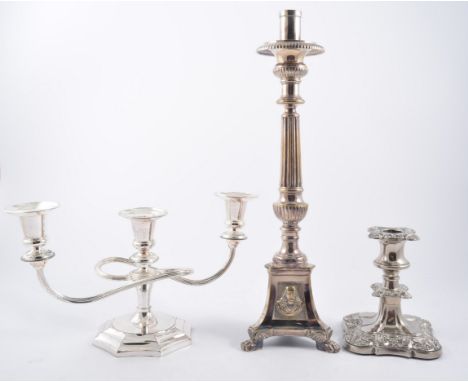Small collection of plated ware, including a three-light dwarf candleabra, salver, cased cutlery, etc.
