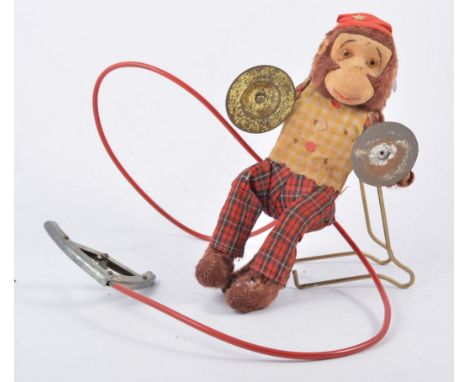 Automated monkey toy with cymbals, hand operated pulley to back.