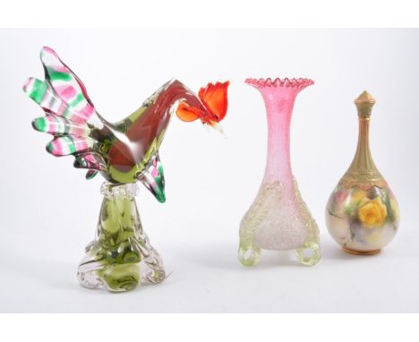 Murano style glass cockerel 29cm, opaque painted glass vases , a Hadleigh Worcester bottle vase damaged, dressing table set a