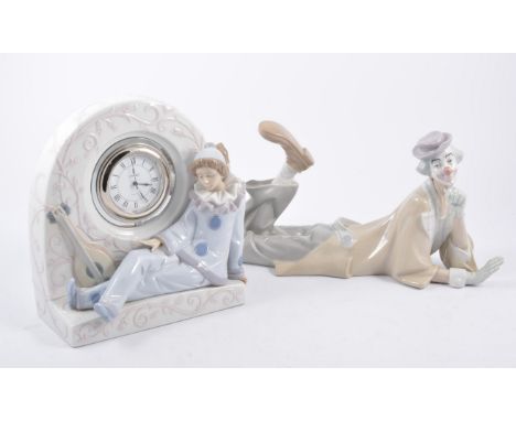 Lladro, clown E-2H, 38cm, four other Lladro clown models and a Lladro clock 5770, (6)